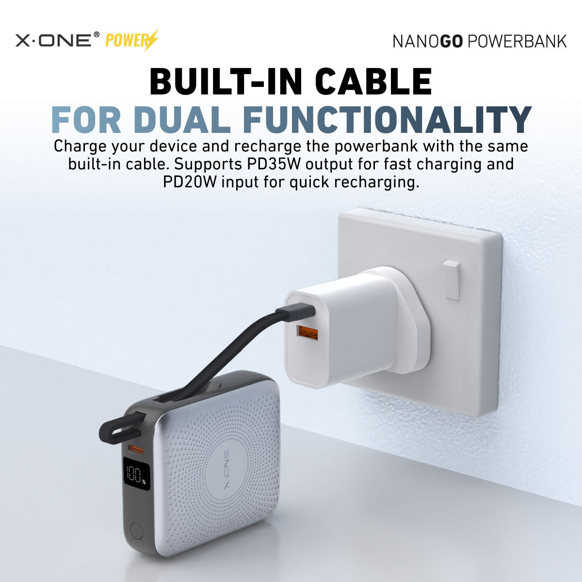X.One® NanoGo 10000mAh PD 35W Compact Power Bank — Built-In Cable Dual Functionality