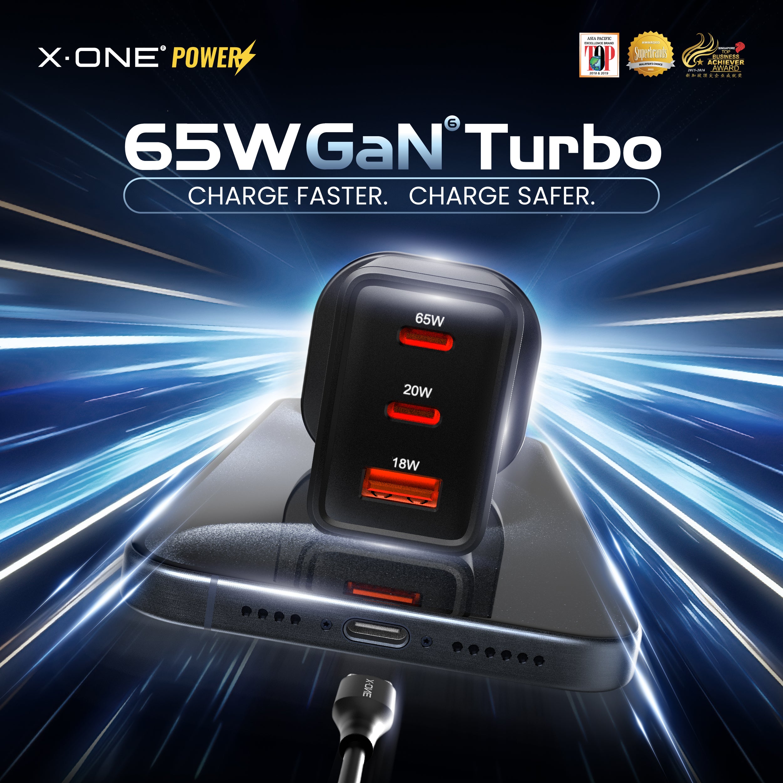 X.One® 65W GaN 6 Turbo Ultra Fast Charger (3-Ports)