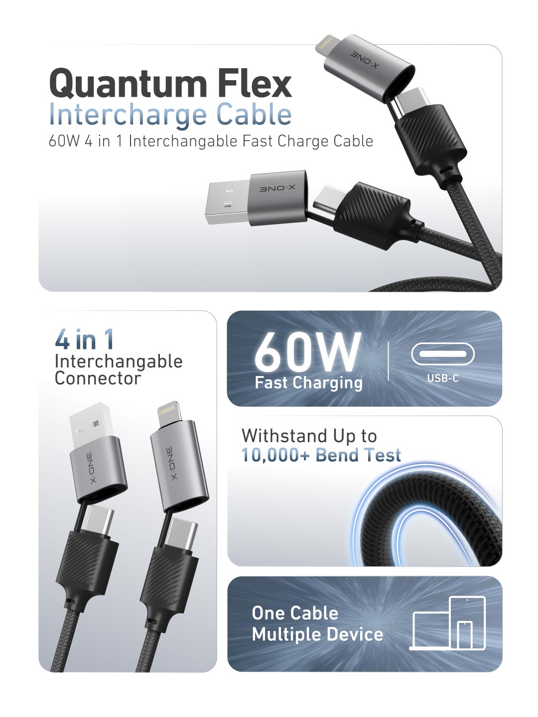 X.One® Quantum Flex 60W 4-in-1 Multi-Device Cable — Feature 2