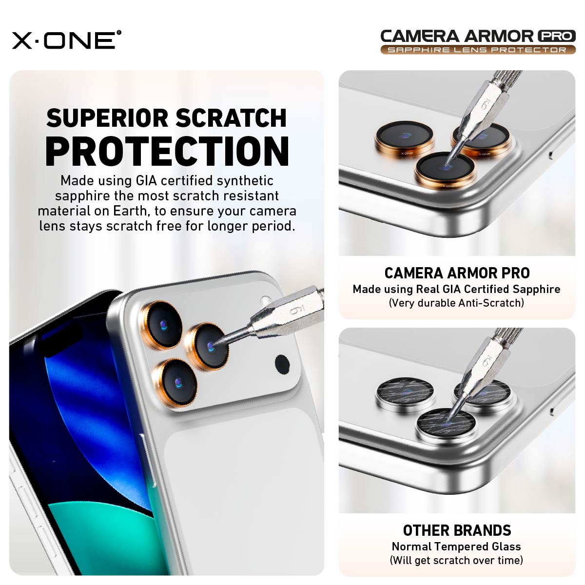 X.One® Camera Armor Pro GIA Certified Sapphire 9H Anti Scratch Lens Protector for iPhone 17 Series