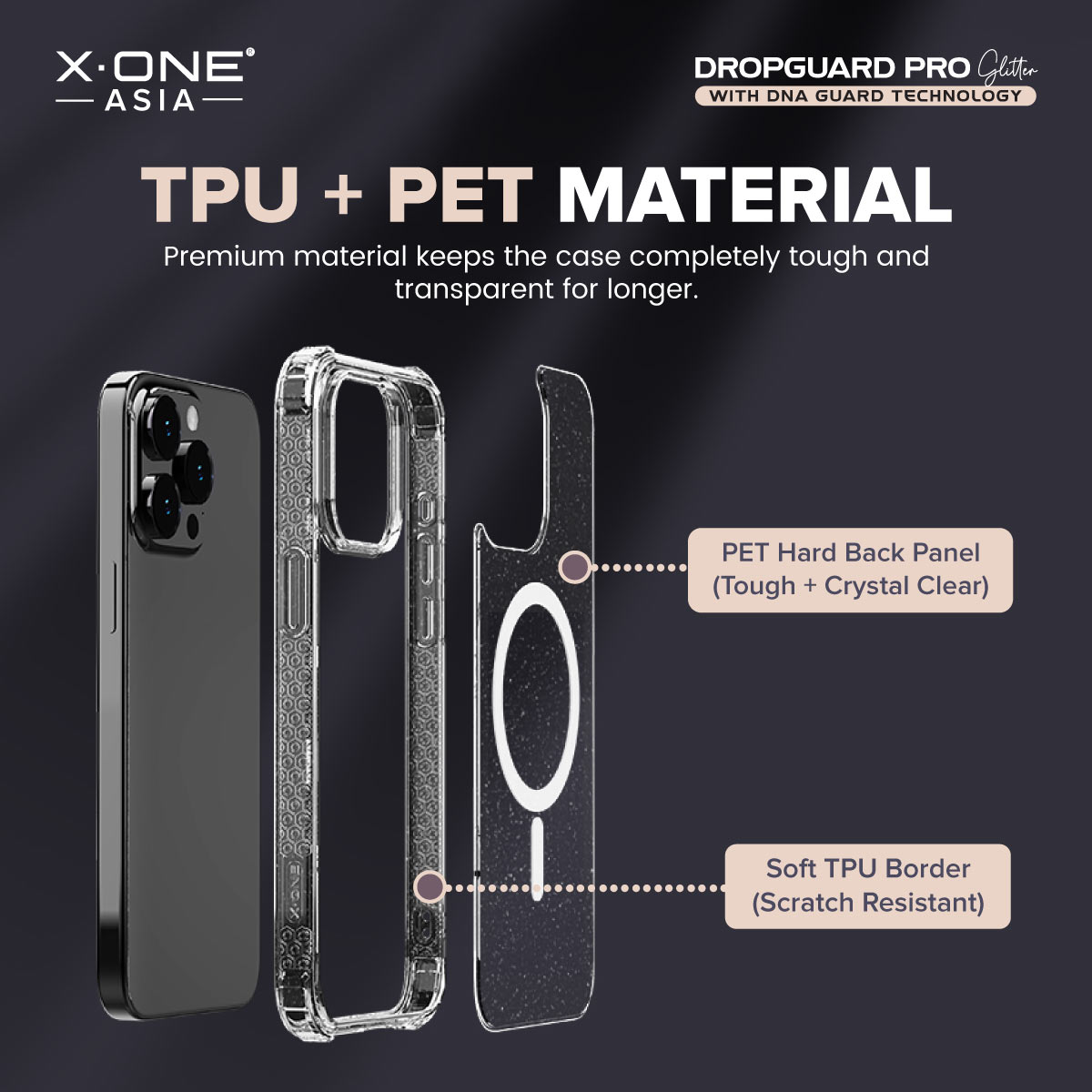 X.One® Dropguard Pro Glitter Series with EnduraClear(Magsafe Edition) Impact Protection Case for iPhone 15 Series