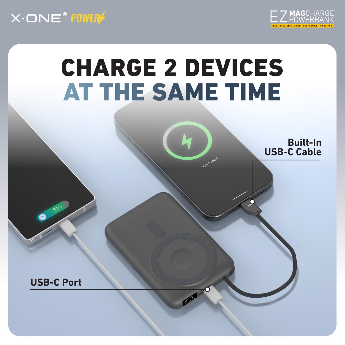 X.One EZ Magcharge Magnetic Wireless Powerbank with Built-in Fast Charging Cable Kickstand