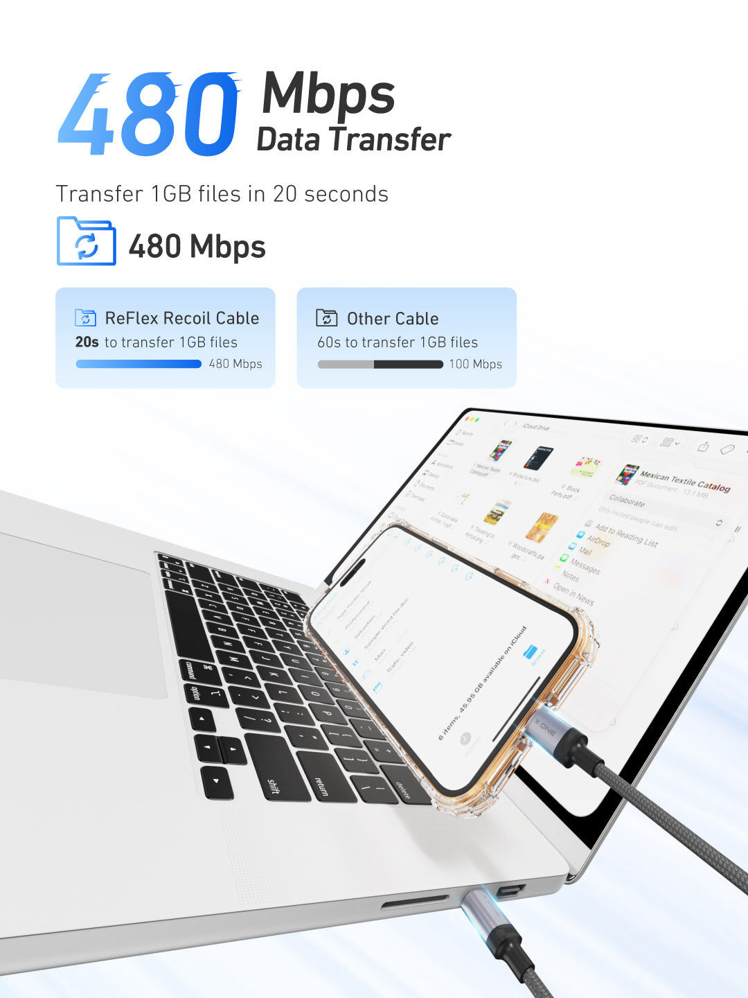 X.One® ReFlex Recoil 60W Self-Retracting USB-C Cable — 480 Mbps Data Transfer