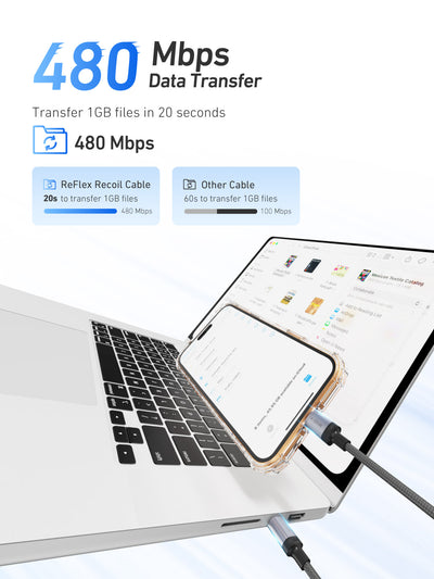 X.One® ReFlex Recoil 60W Self-Retracting USB-C Cable — 480 Mbps Data Transfer