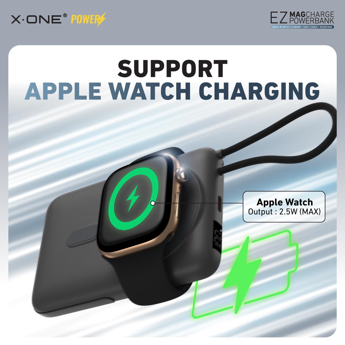 X.One EZ Magcharge Magnetic Wireless Powerbank with Built-in Fast Charging Cable Kickstand