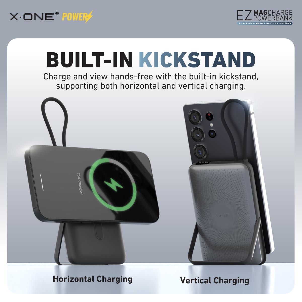 X.One EZ Magcharge Magnetic Wireless Powerbank with Built-in Fast Charging Cable Kickstand