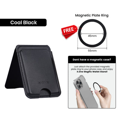 X.One® MagFlix Wallet Stand Vegan Leather Phone Wallet — Coal Black with Free Magnetic Ring