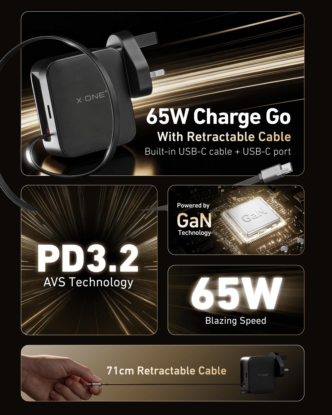 X.One® ChargeGo 65W Retractable Cable GaN Charger — Feature 5