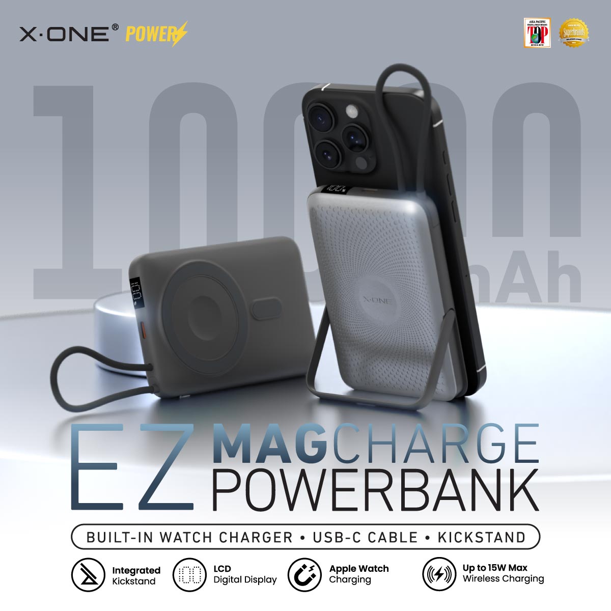 X.One EZ Magcharge Magnetic Wireless Powerbank with Built-in Fast Charging Cable Kickstand