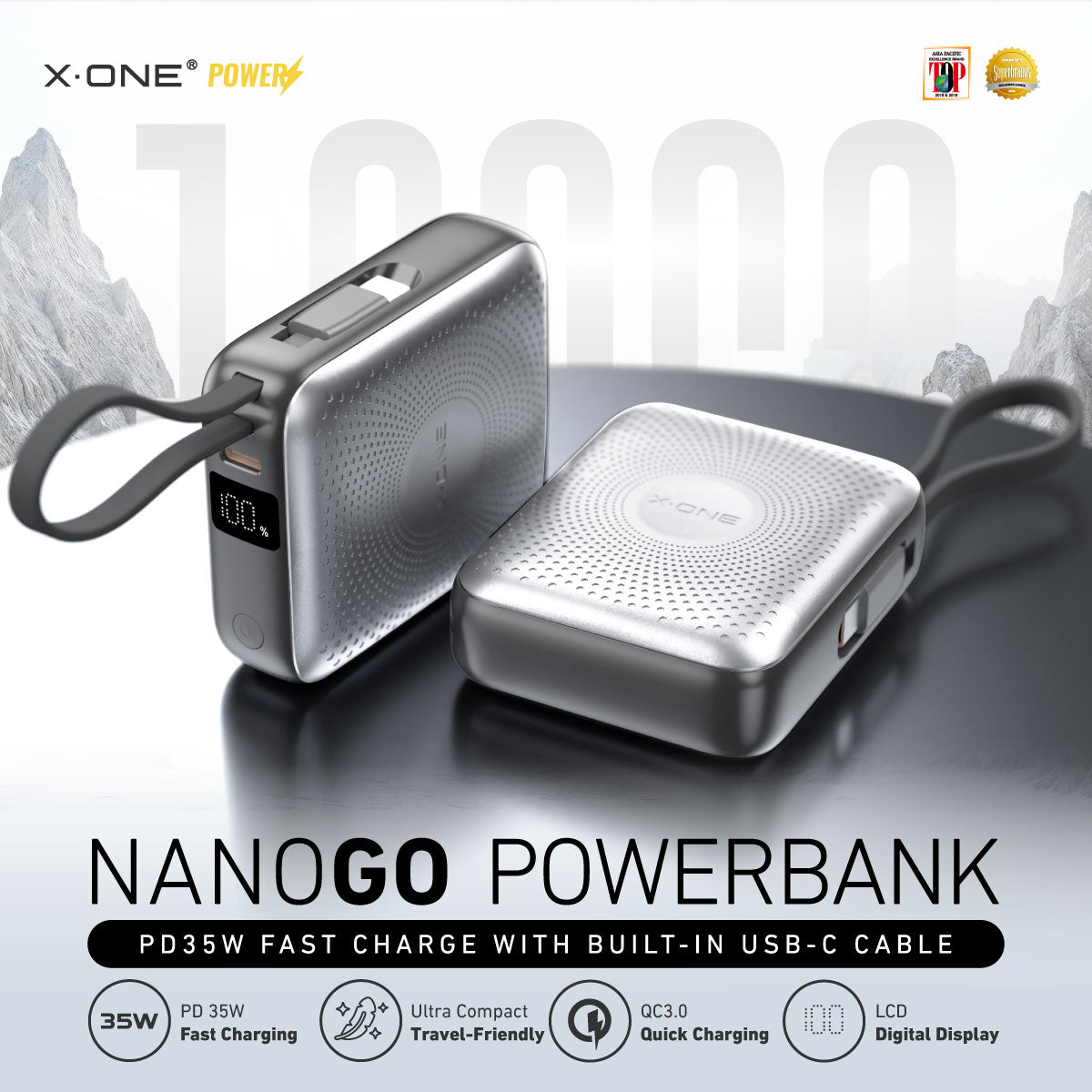 X.One NanoGo PD35W with Built-In Cable Fast Charging 10,000mAh Powerbank with Digital Display Compact Size