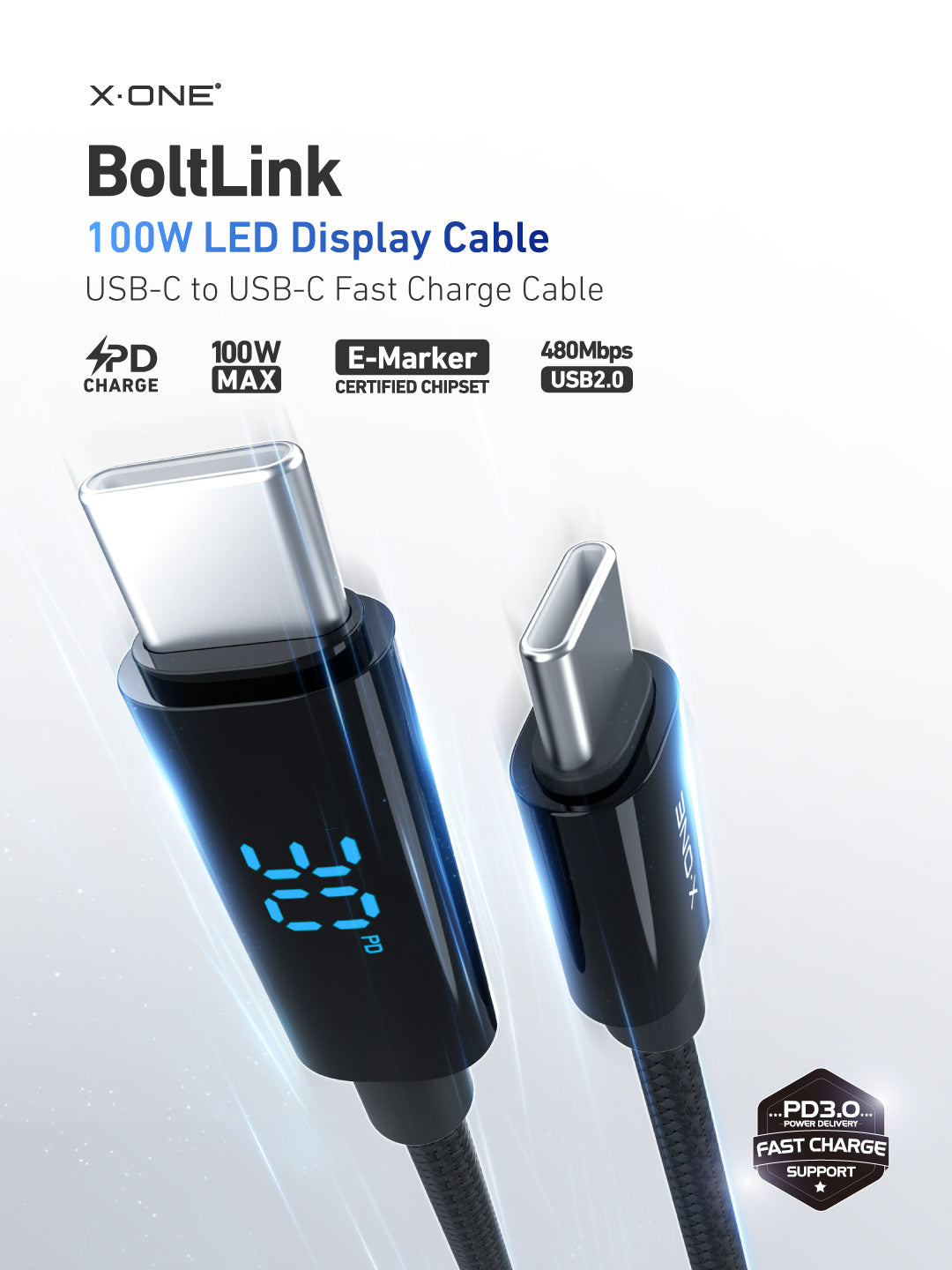 X.One® BoltLink 100W USB-C LED Cable — Main Graphic