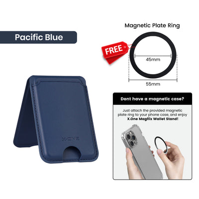 X.One® MagFlix Wallet Stand Vegan Leather Phone Wallet — Pacific Blue with Free Magnetic Ring