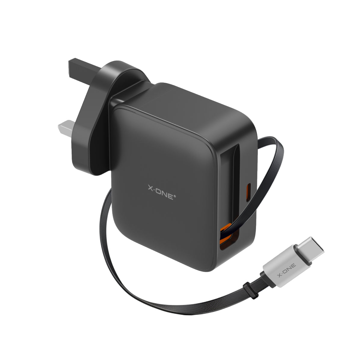 X.One® ChargeGo 65W Retractable Cable GaN Charger — Built-In USB-C Cable