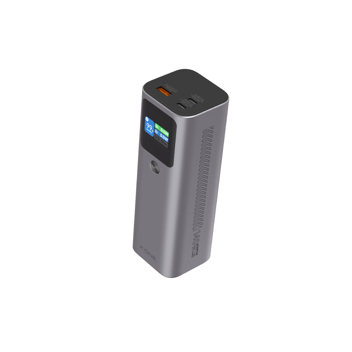 Gray power bank with digital display on a white background