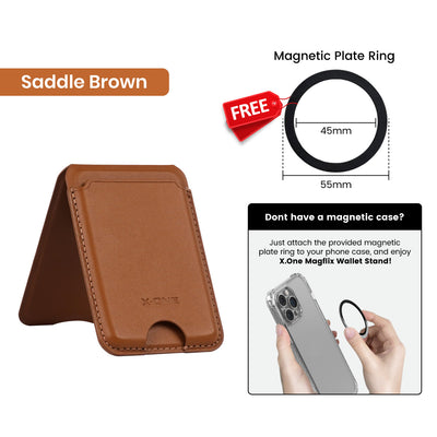 X.One® MagFlix Wallet Stand Vegan Leather Phone Wallet — Saddle Brown with Free Magnetic Ring