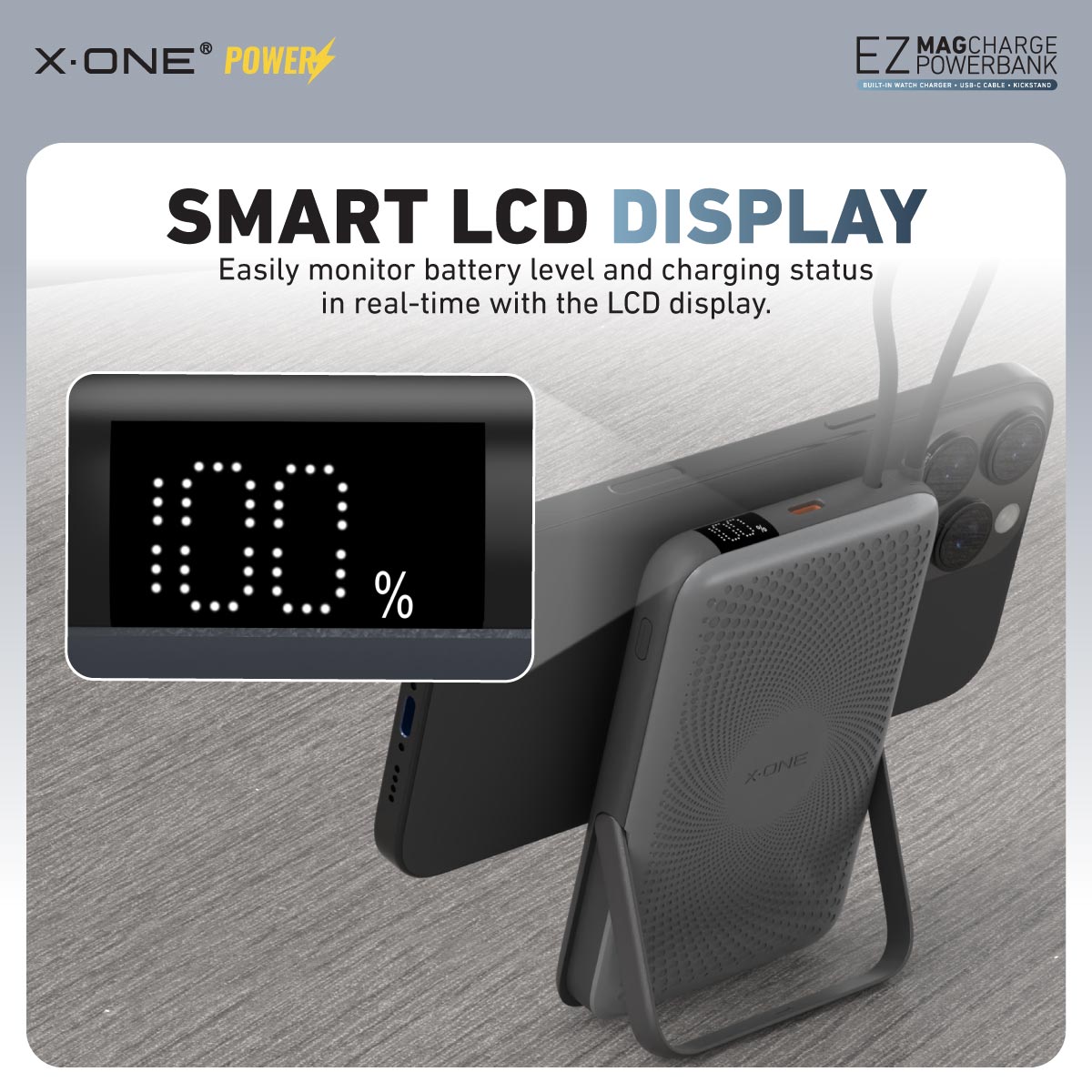 X.One EZ Magcharge Magnetic Wireless Powerbank with Built-in Fast Charging Cable Kickstand