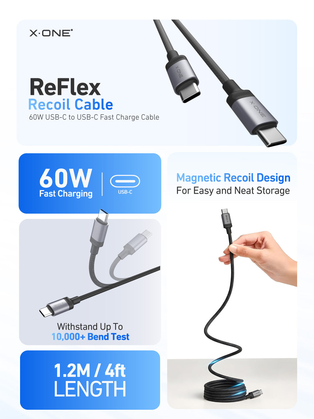 X.One® ReFlex Recoil 60W Self-Retracting USB-C Cable — Summary