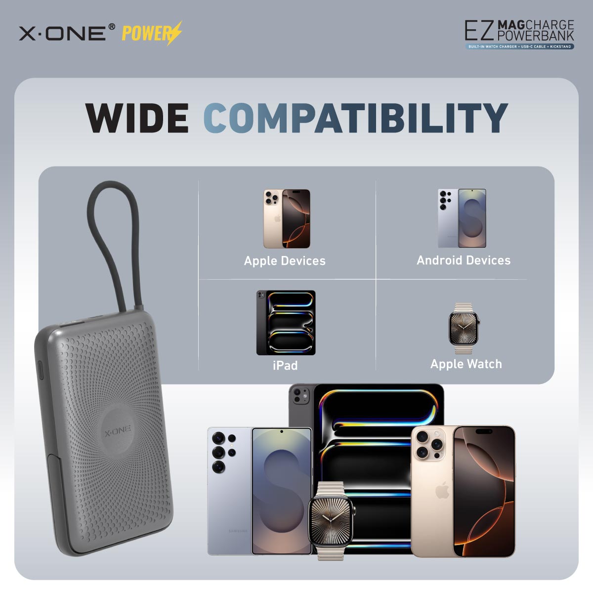 X.One EZ Magcharge Magnetic Wireless Powerbank with Built-in Fast Charging Cable Kickstand